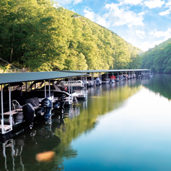 Covered boat slips in The Preserve at Pickwick Lake in the private community marina